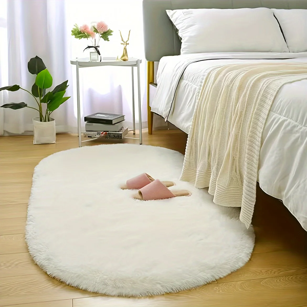 Tapete Oval De Cabeceira (branco, 60x120cm) Com Estampa Tie-dye De Pelo Longo, Macio E Fofo.
