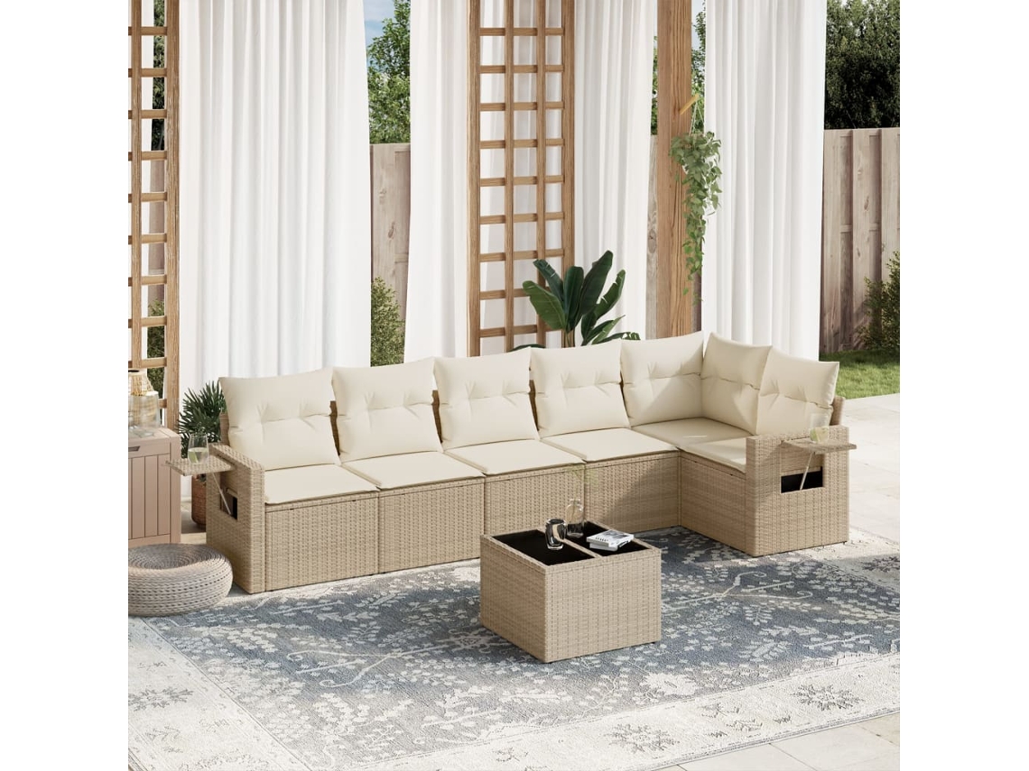 Vidaxl 7 Pcs Conjunto De Sofás P/ Jardim Com Almofadões Vime Pe Bege