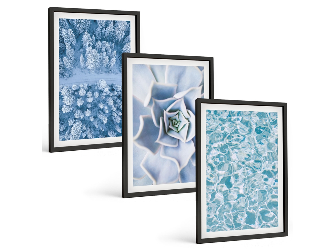 Composição De Quadros Floresta De Inverno, Água Com Flores Azuis Moldura Preta Quadros Para O Escritório Espelharte (3 Piezas De 40x60 Cm)