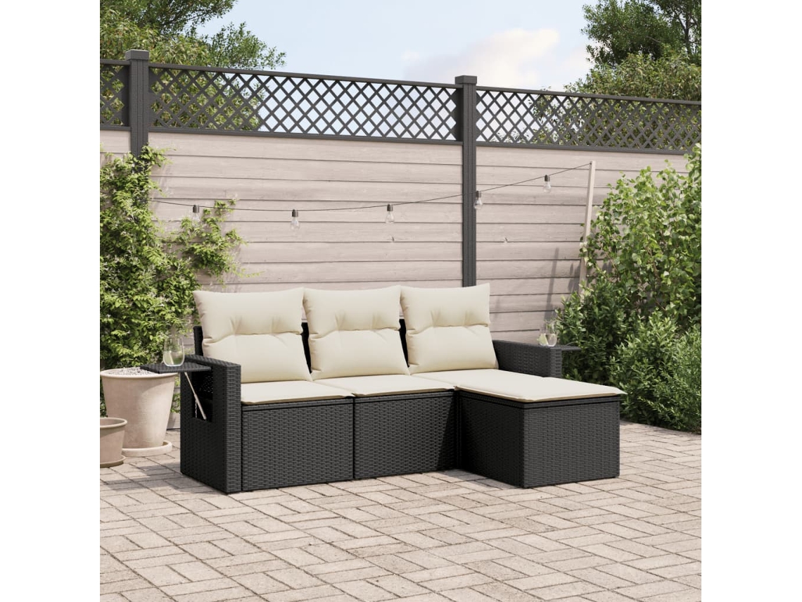 Vidaxl 4 Pcs Conjunto De Sofás Para Jardim C/ Almofadões Vime Pe Preto