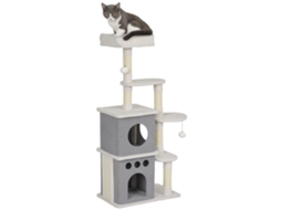 Arranhador para Gatos 126 Cm com Caverna Plataformas Bolas Suspensas e Poste de Sisal 56x34x126 Cm Cinza e Creme ESSÊNCIACASA