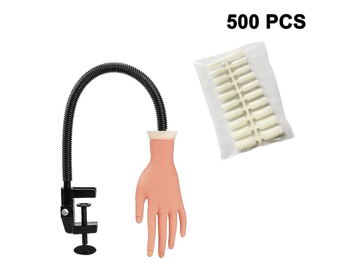 Mão Modelo para Prática de Unhas com 500 Dicas Falsas, Mão Artificial Flexível para Treinamento de Manicure