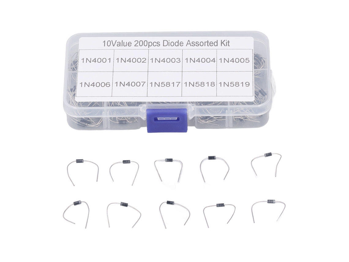 Kit de diodos retificadores variados 1N4001 1N4007 1N5819 200 peças para desenvolvimento e manutenção eletrônica
