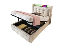 Cama Estofada 90x200 com Cabeceira LED, USB, Hidráulica, Estrutura Metálica, Bege PAPRIKA