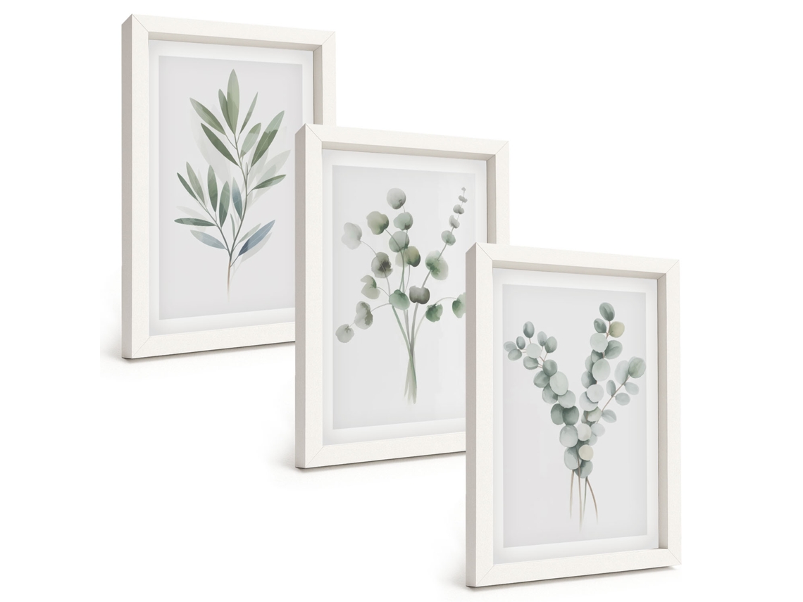 Composição De Quadros Na Parede Padrões De Plantas Com Folhagem Moldura Branca Quadros Para A Sala De Estar Espelharte (3 Peças 20x30 Cm)
