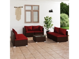 Vidaxl 7 Pcs Conjunto Lounge Jardim C/ Almofadões Vime Pe Castanho