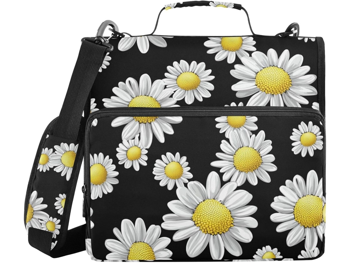 Pasta Organizadora De 3 Argolas 1, 5 Polegadas Com Alça E Vários Bolsos, Carteira Organizadora Floral Amarela E Branca