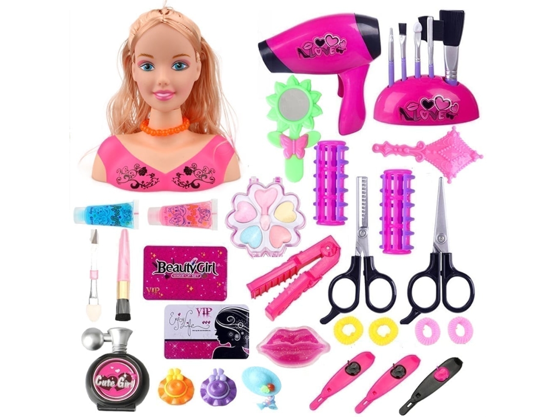 Primerox conjunto de Maquiagem Fingida para Crianças com Boneca de Estilo Cabelo e Secador