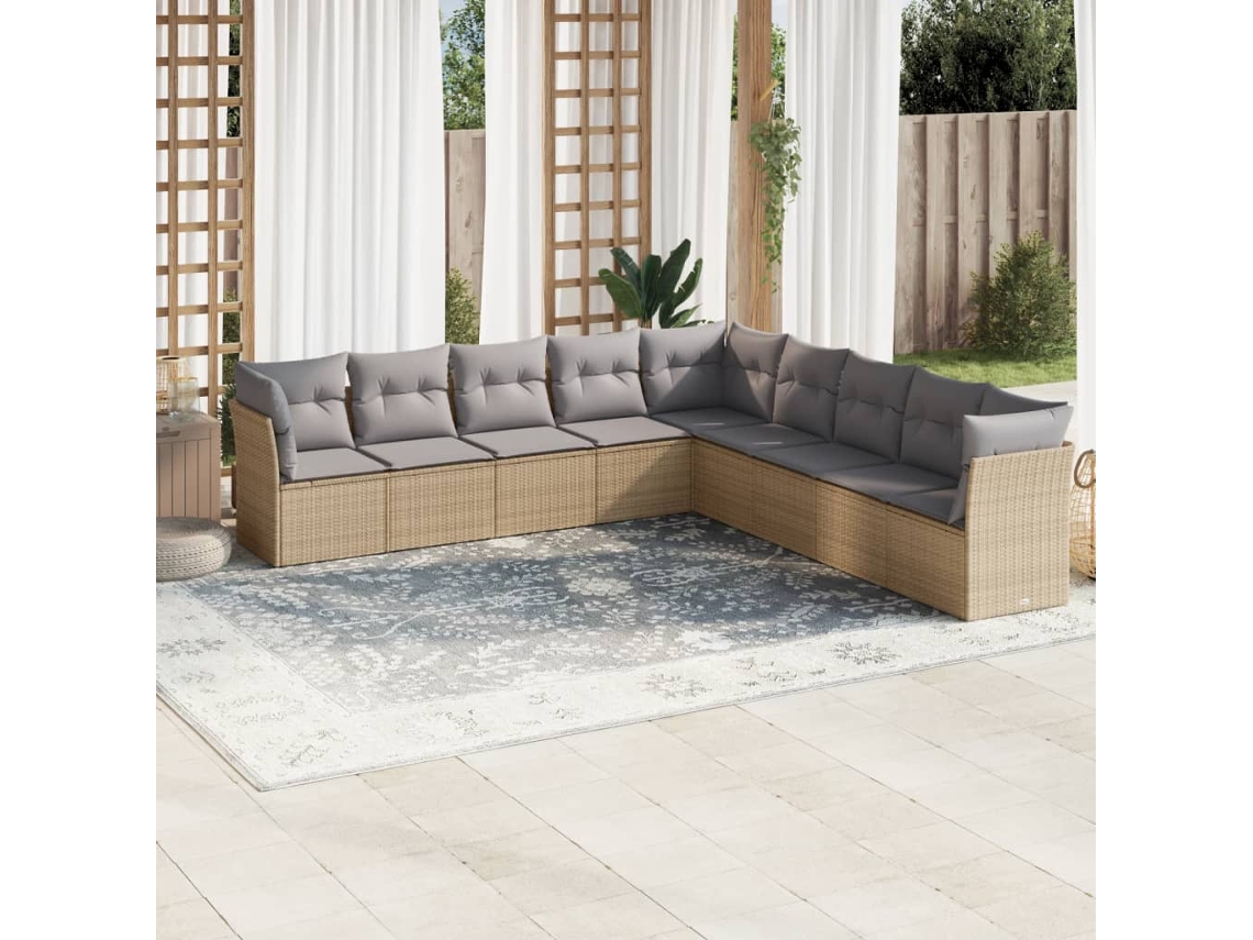 9 Pcs Conjunto De Sofás P/ Jardim Com Almofadões Vime Pe Bege Dkd Home Decor