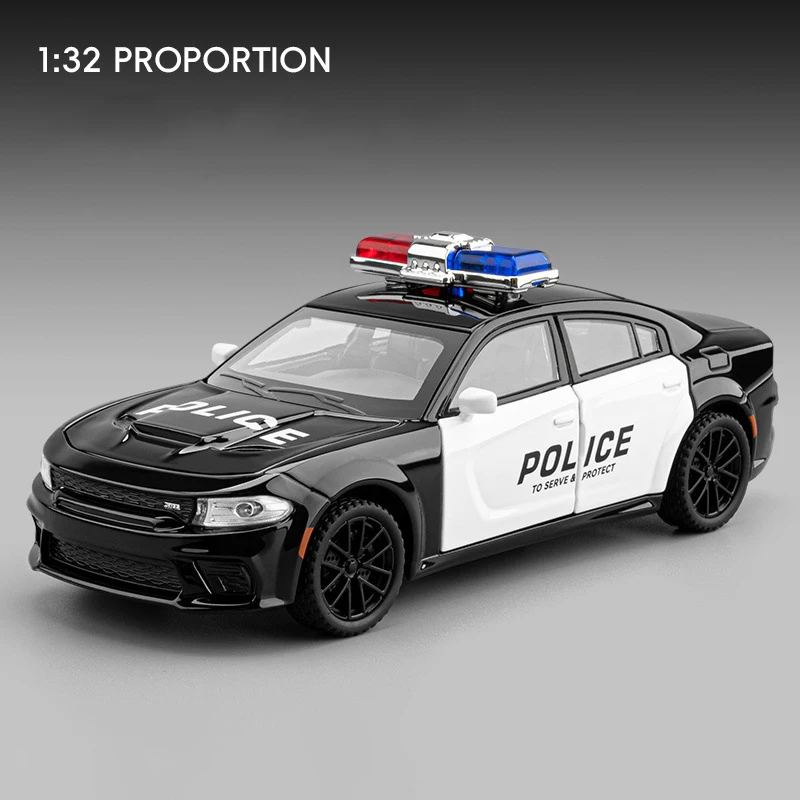 (carro De Polícia) Miniatura De Carro Esportivo Em Liga Metálica Na Escala 1:32 Com Som, Luz E Mecanismo De Fricção.