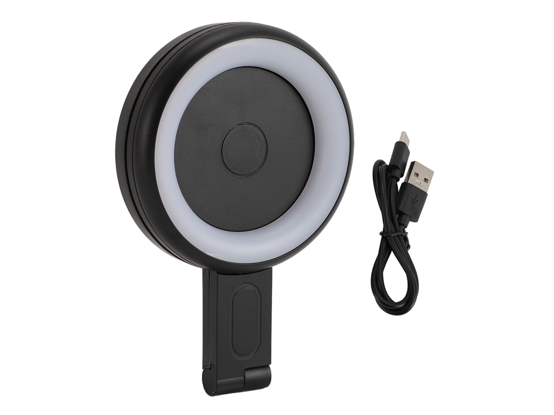 Lanterna LED para celulares com 3 modos de cor, alto brilho, ajustável em 180°, carregamento USB e bateria de longa duração para celulares e tablets.