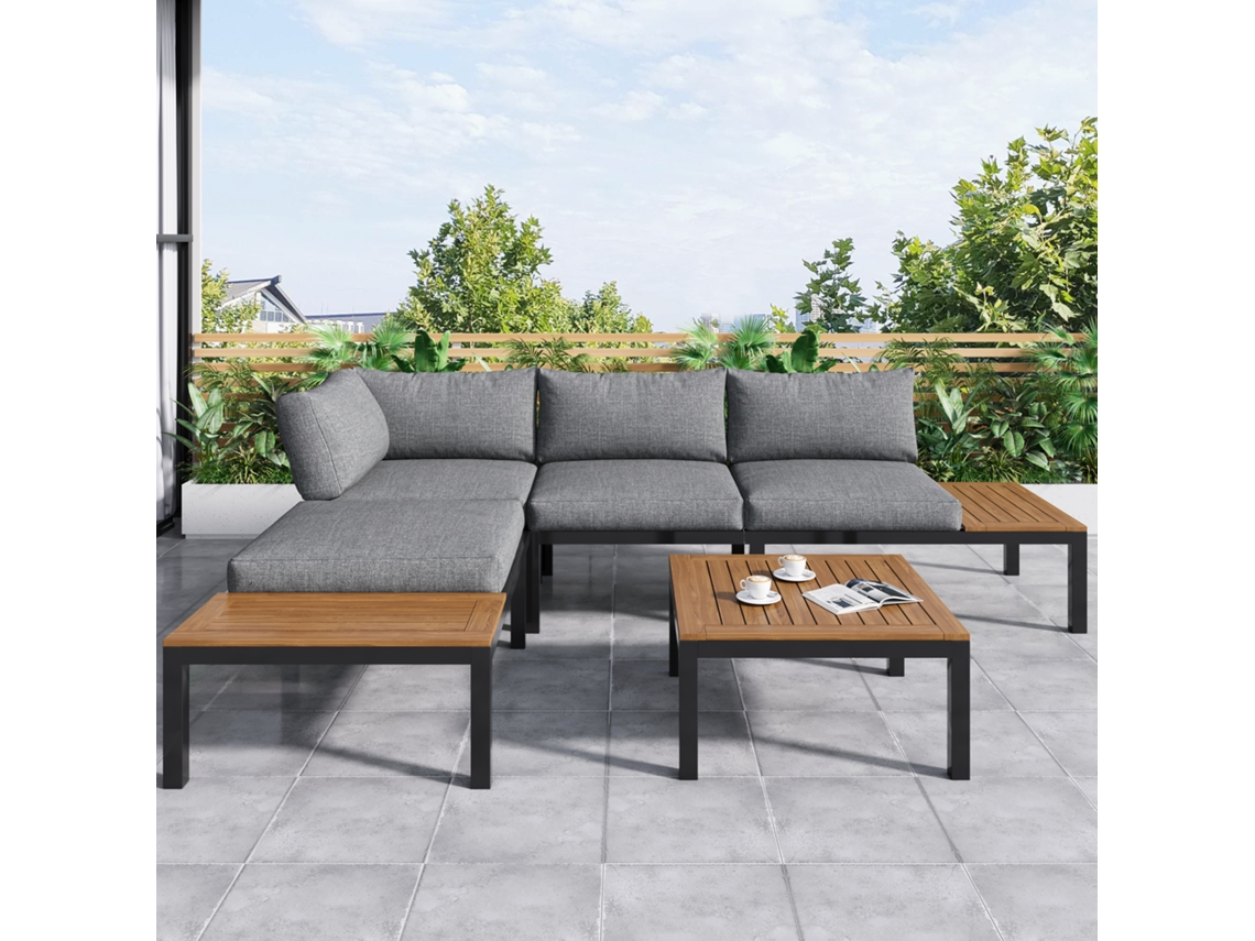 Conjunto Lounge 2 Sofás 2 Mesas Laterais 1 Mesa Acácia Cinza
