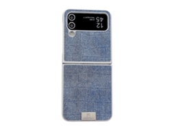 Capa Para Celular Samsung Galaxy Z Flip4 5g Em Pu + Pc Com Moldura Prateada E Acabamento Em Jeans.