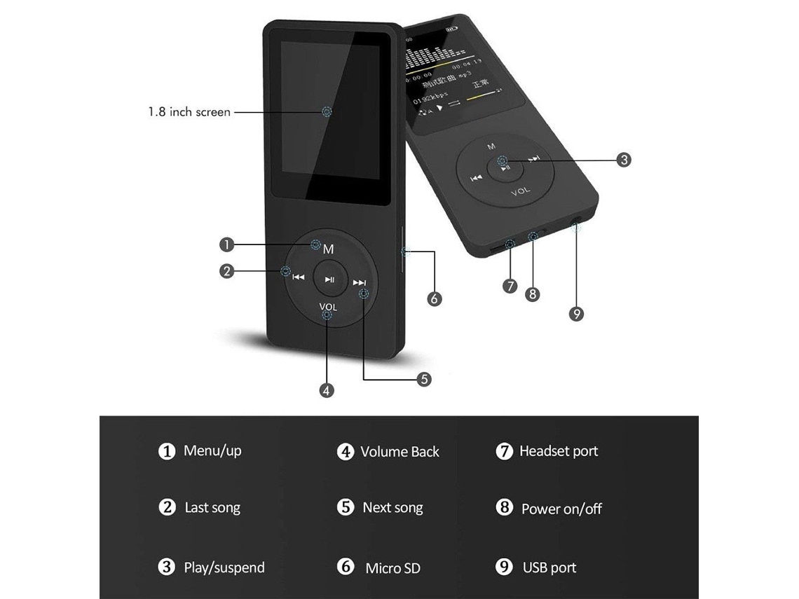 Leitor l Mp3 Player Mp4 Em Display Tft de 1,8 Polegadas Portátil Preto