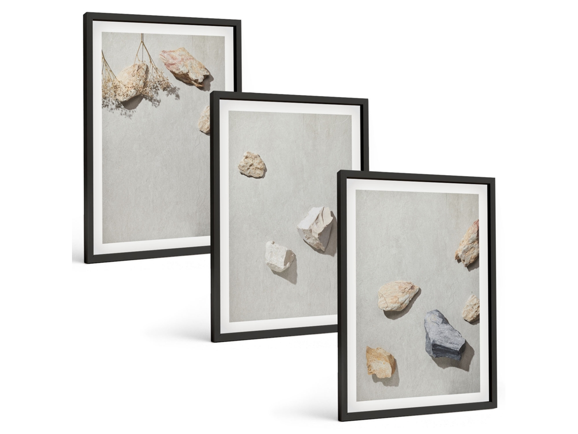 Quadros Decorativos Para Parede Pedras Boho, Decorações De Praia Moldura Preta Pinturas De Quarto Espelharte (3 Piezas De 40x60 Cm)