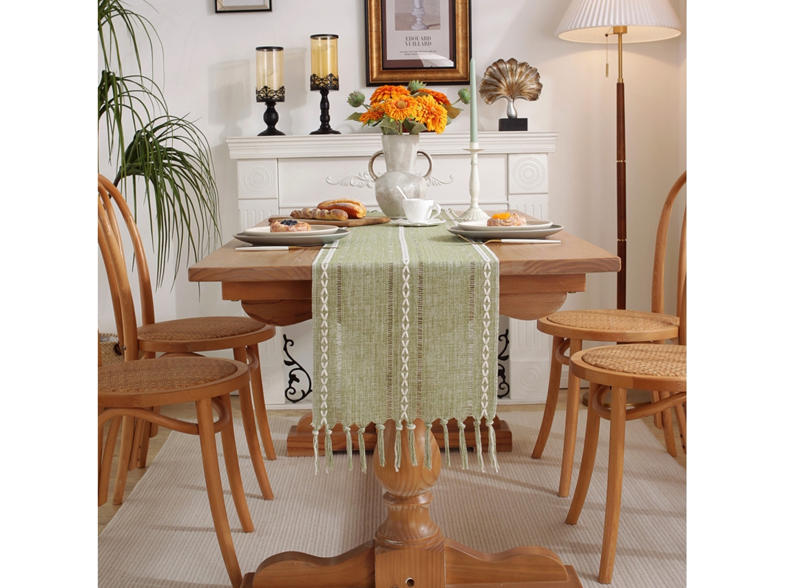 Guarnição De Mesa Em Crochê Com Xadrez E Buracos, Verde, 33*275cm (com Comprimento Do Franja)