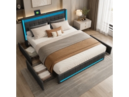 Cama Estofada 180x200 Cm com Led e Usb, Cama de Casal com Estrado de Ripas e 4 Gavetas, para Adultos e Adolescentes, Linho, Cinzento, MEXUS