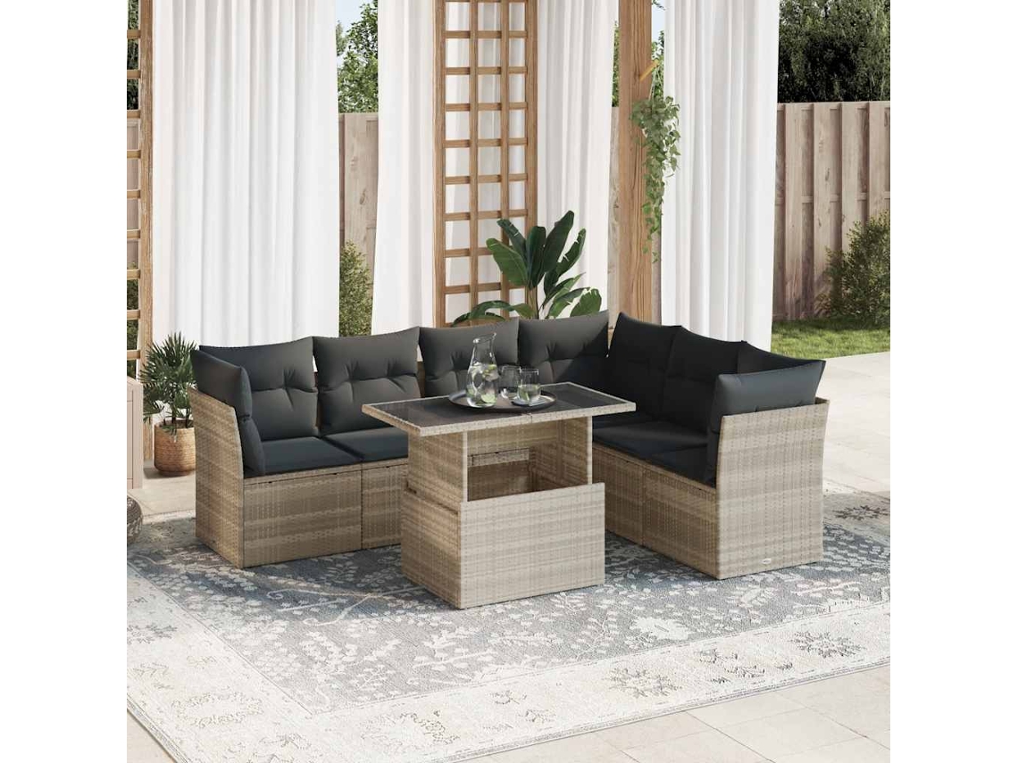 Vidaxl 7 Pcs Conj. Sofás Jardim Com Almofadões Vime Pe Cinzento-claro