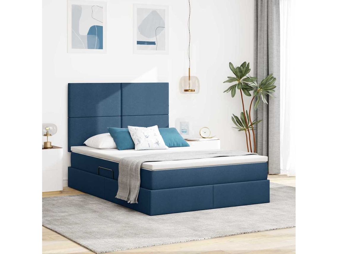 Vidaxl Cama De Armazenamento Led Com Colchão Azul 140 X 200 Cm Tecido