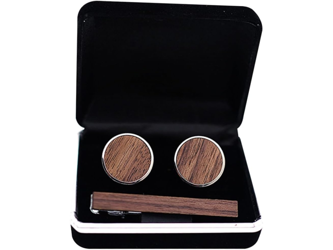 Conjunto Elegante De Acessórios Masculinos: Prendedor De Gravata E Abotoaduras De Madeira.