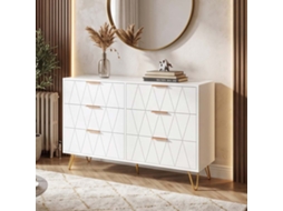 Lazyspace Comoda De Quarto 100x34 Cm Com 6 Gavetas Padrao Geometrico E Pes De Metal - Branco