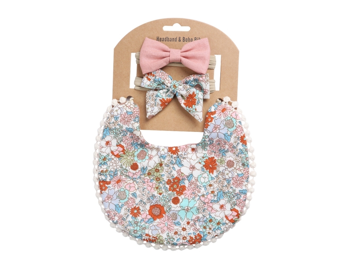 Kit Babador Reversível Em Linho E Algodão Estampado Para Bebê Com Tiara Toalha De Saliva Dp021-7
