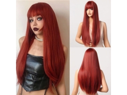 Peluca Roja Larga Recta De Pelo Sintético Con Flequillo Resistente Al Calor Para Cosplay Y Fiesta Mujer