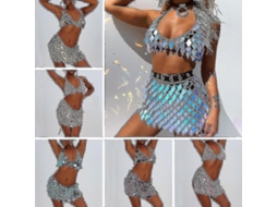 Biquíni azul com lantejoulas e corrente corporal de franjas, modelo 2026, ideal para festas rave e boates.
