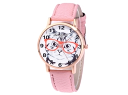 Relógio de pulso masculino com mostrador redondo, movimento de quartzo rosa e pulseira de couro.