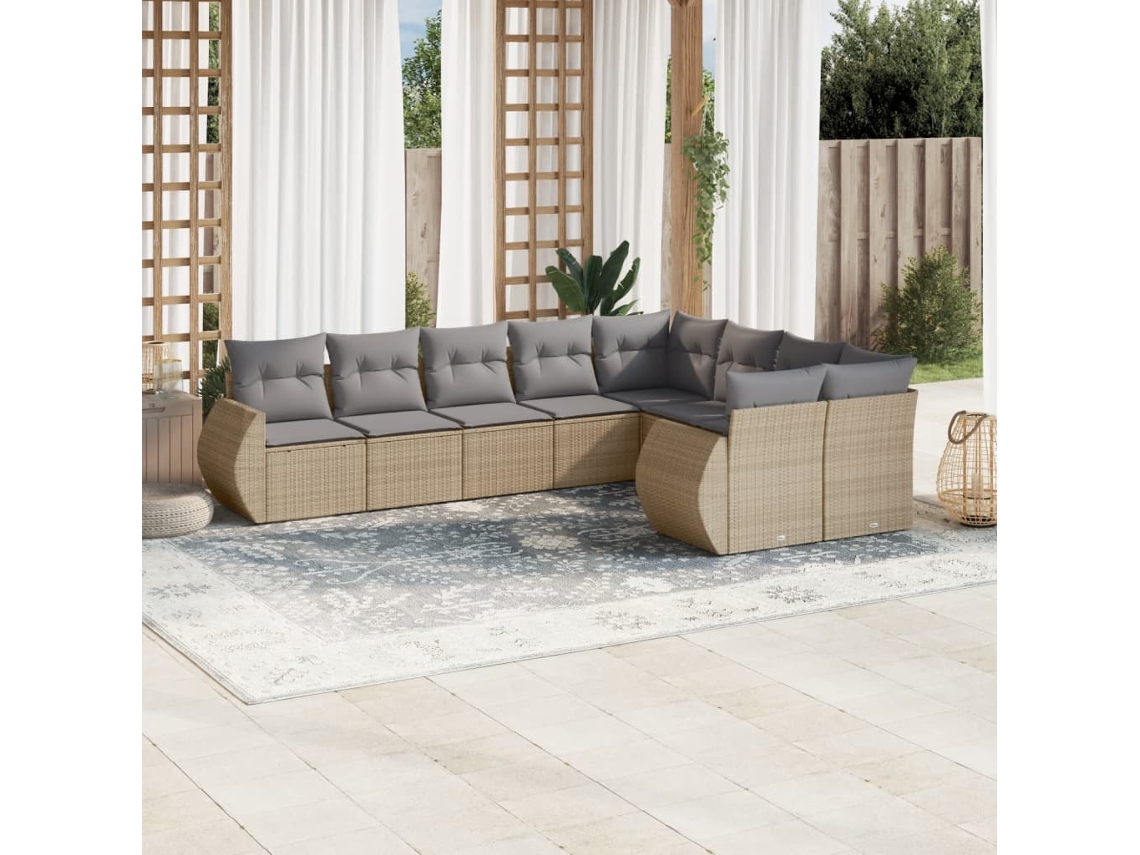 Vidaxl 9 Pcs Conjunto De Sofás P/ Jardim Com Almofadões Vime Pe Bege