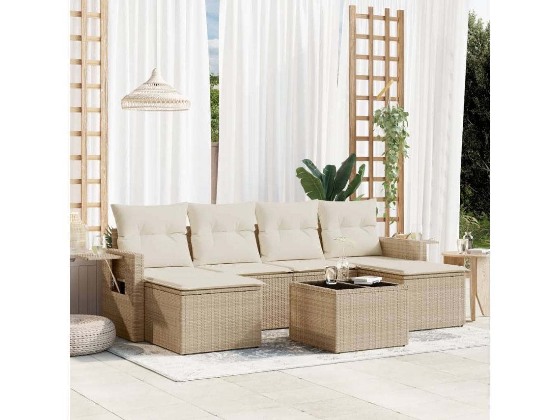 Vidaxl 7 Pcs Conjunto De Sofás P/ Jardim Com Almofadões Vime Pe Bege