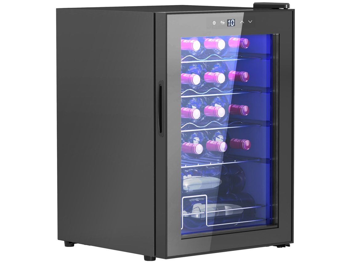 Pequena Geladeira de Vinho, Mini Geladeira para 20 Garrafas, Capacidade para 53 Litros, com Porta de Vidro, Iluminação Led, Preto