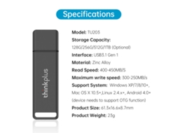 Pendrive Thinkplus Tu203 128gb Usb3.1 Gen 1 Compatível Com Windows, Macos, Android E Linux