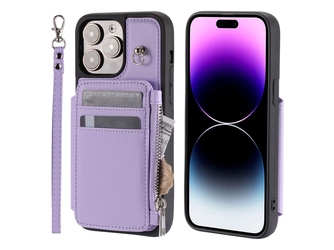 Capa Quedas Bloqueio Rfid Para Iphone 15 Plus Pele Sintética Roxo