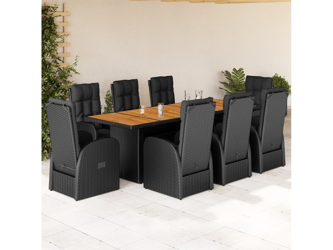 Vidaxl 9 Pcs Conjunto De Jantar P/ Jardim C/ Almofadões Vime Pe Preto