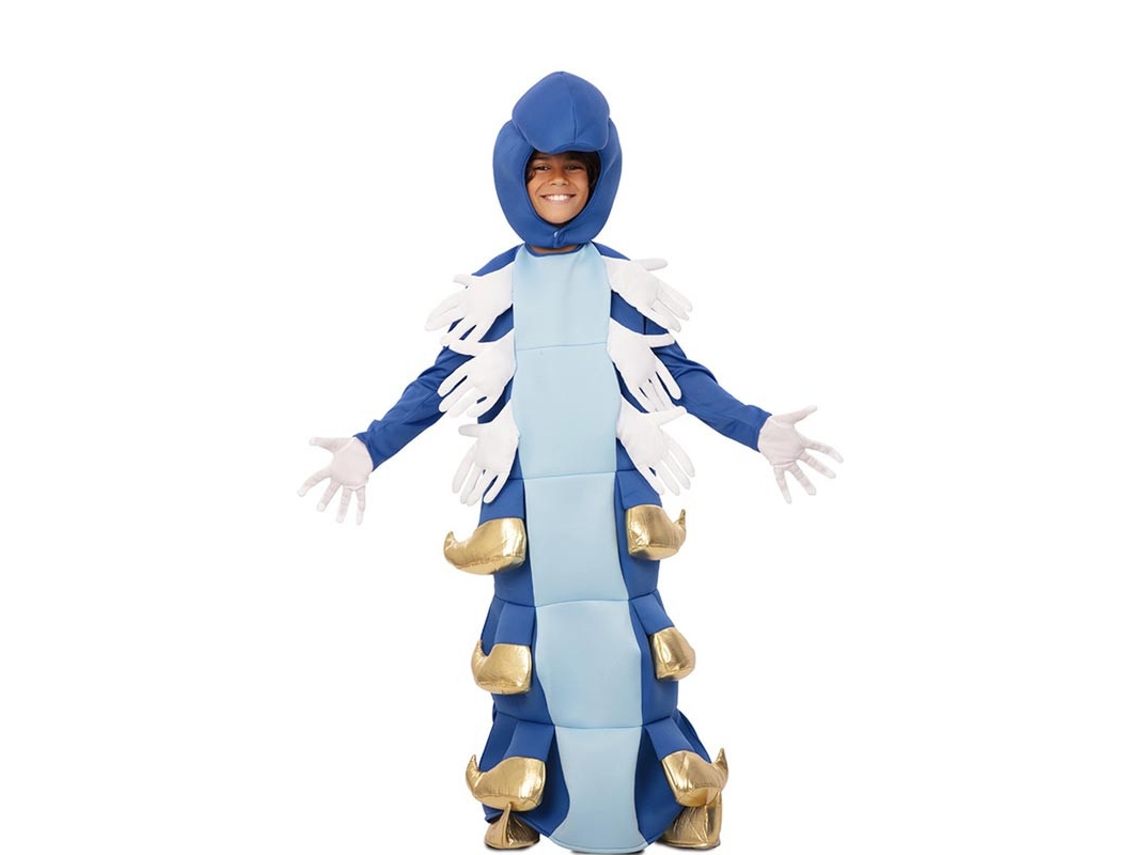 Fato de lagarta azul e dourada com capuz para menino
