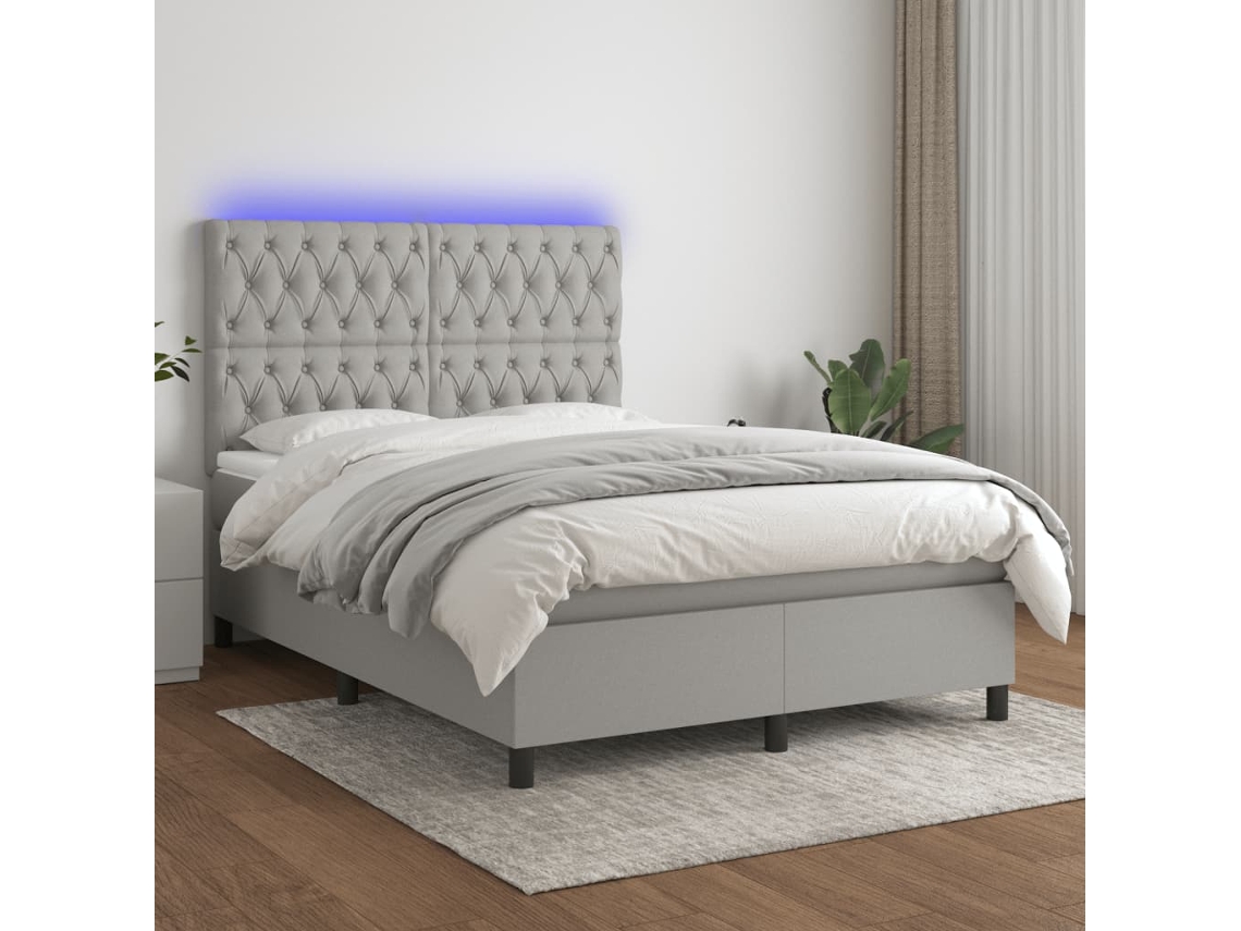 Vidaxl Cama Box Spring C/ Colchão E Led 140x190 Cm Tecido Cinza-claro
