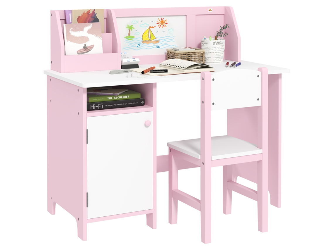 Escrivaninha de Madeira Infantil com Cadeira e Mesa com Organizador e Quadro Branco para +5 Anos 90x45x85 Cm Rosa Ge