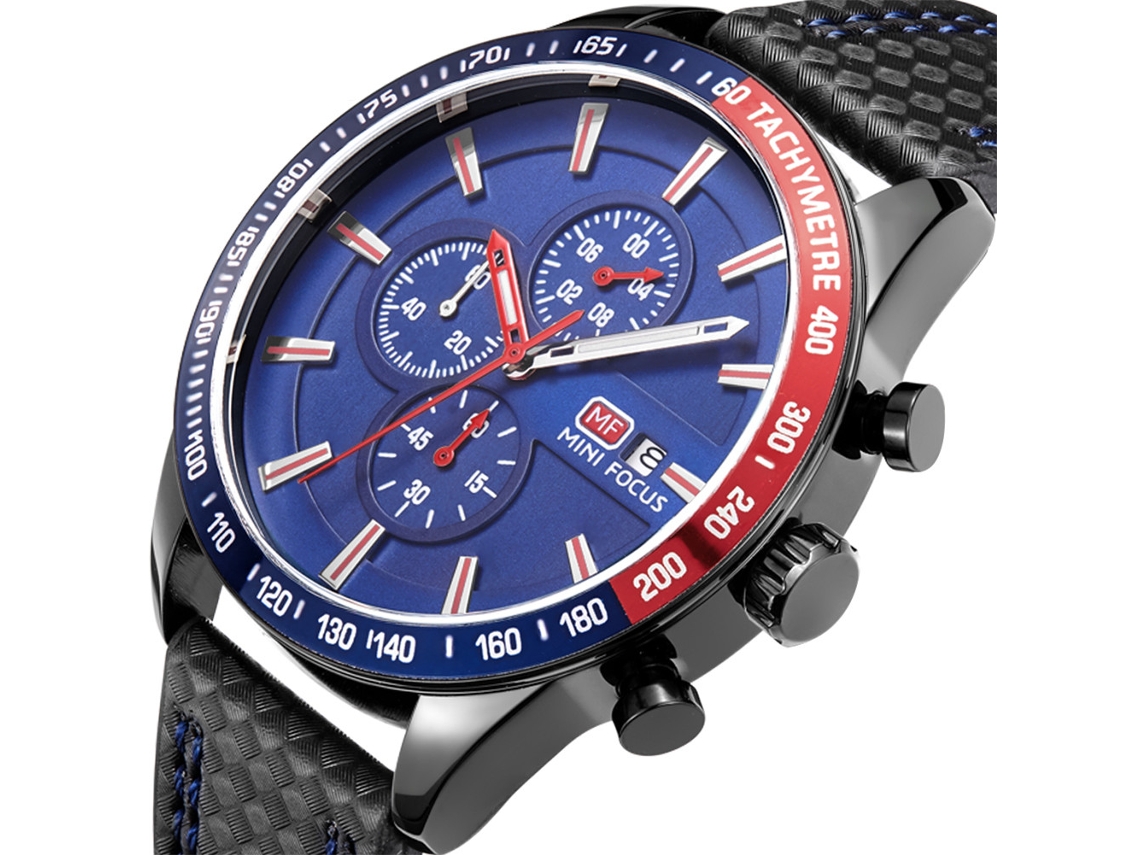 Reloj Deportivo Cronógrafo Hombre Mini Focus Analógico Cuarzo Impermeable Azul Negro