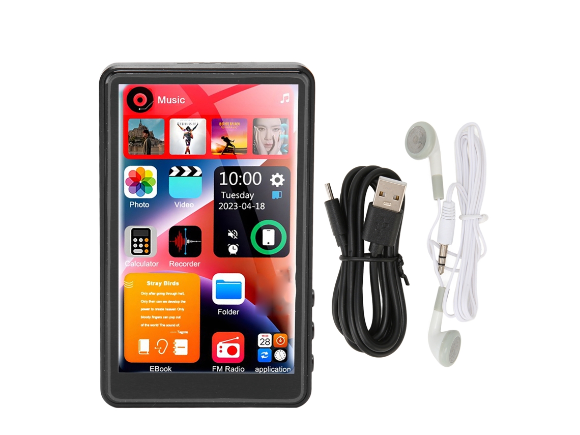 Reprodutor de Música Mali MP3 com Tela de 4.0 Polegadas, Bluetooth 5.0, Hifi, 16GB, Suporta 256GB, Rádio FM, E-book, Preto