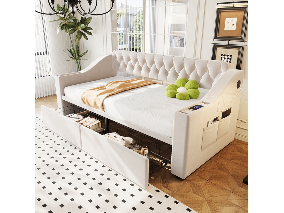 Polsterbett Sofa Cama 90x190 Cm Com Braços Largos Dicki Usb Bege