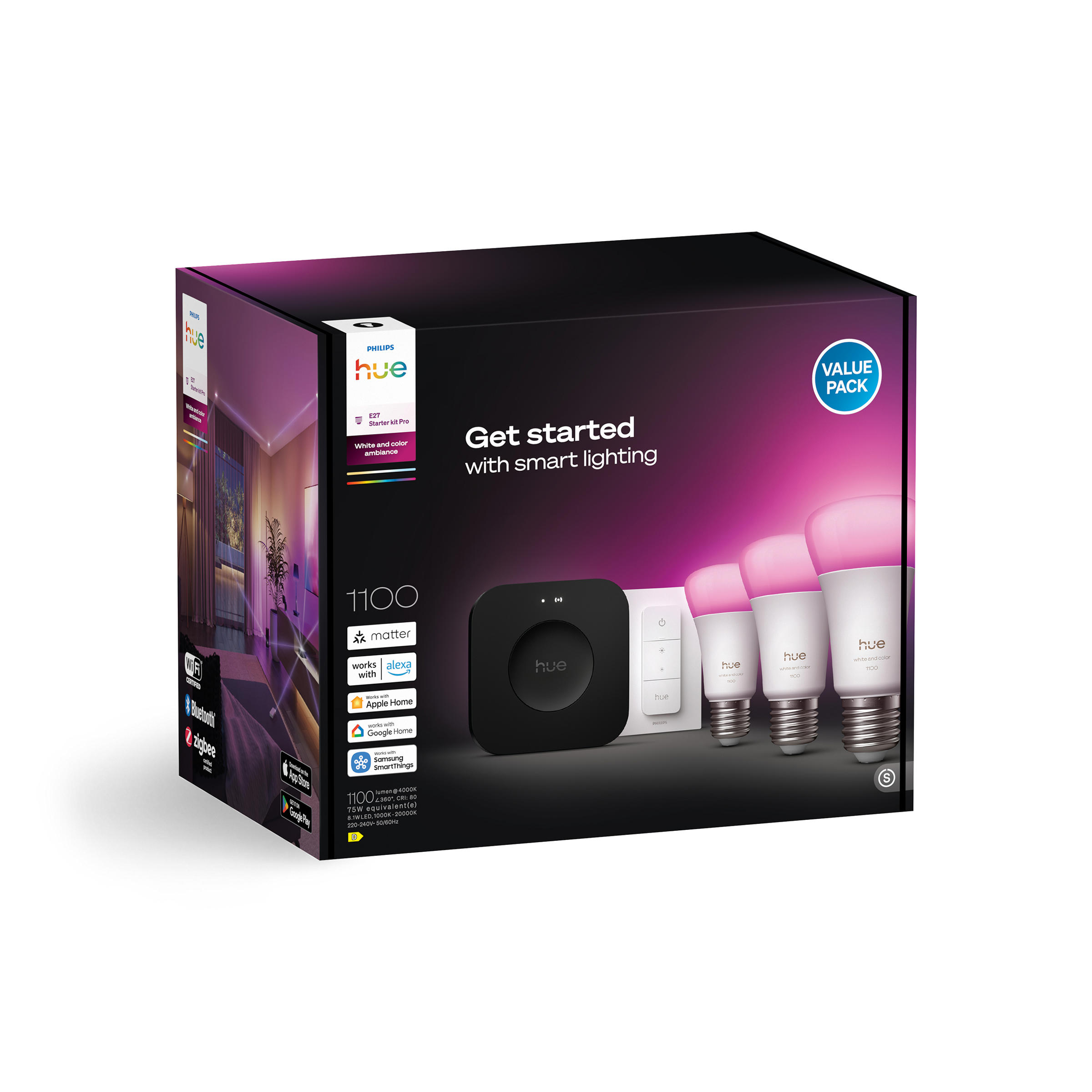 Conjunto PHILIPS Hue Inicial: 3 lâmpadas inteligentes E27 + interruptor dimmer + Hue Bridge Pro
