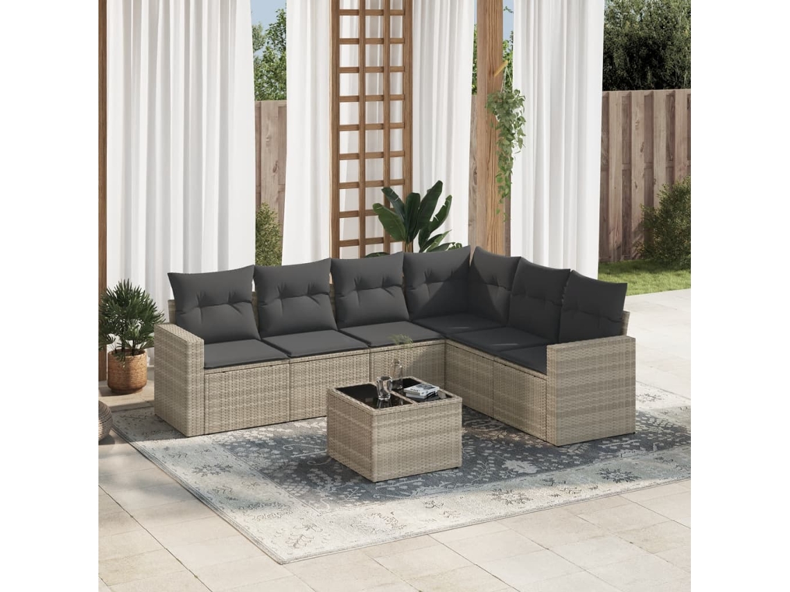 Vidaxl 7 Pcs Conj. Sofás Jardim Com Almofadões Vime Pe Cinzento-claro