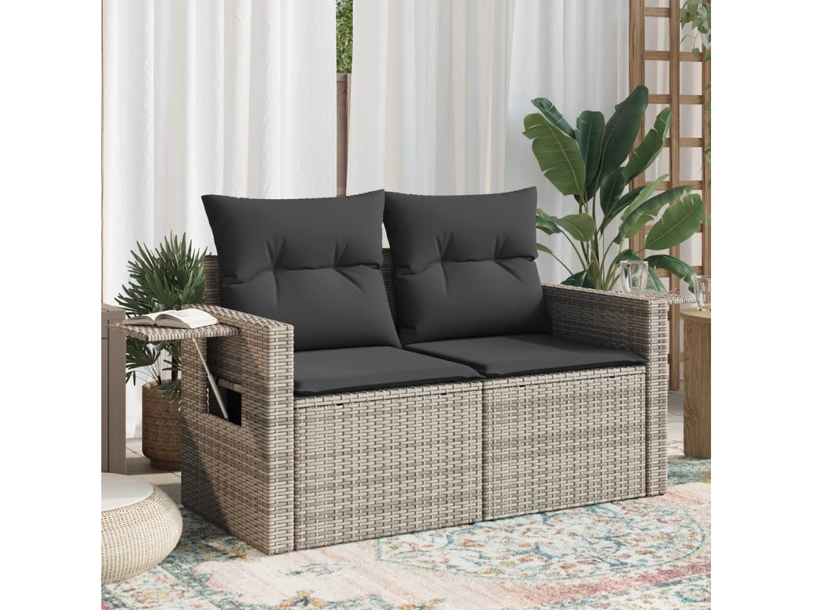 Sofá De Jardim De 2 Lugares Com Almofadões Vime Pe Cinza Dkd Home Decor