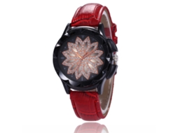Relógio de quartzo unissex com mostrador floral e pulseira casual de couro PU vermelho.