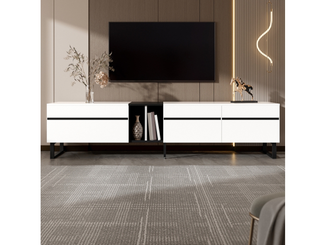 Moderno Móvel De Tv 180cm Branco Com Gaveta Articulada,nichos Abertos E Portas Duplas–prateleira Minimalista Para Sala De Estar,móvel De Tv Com Ampla