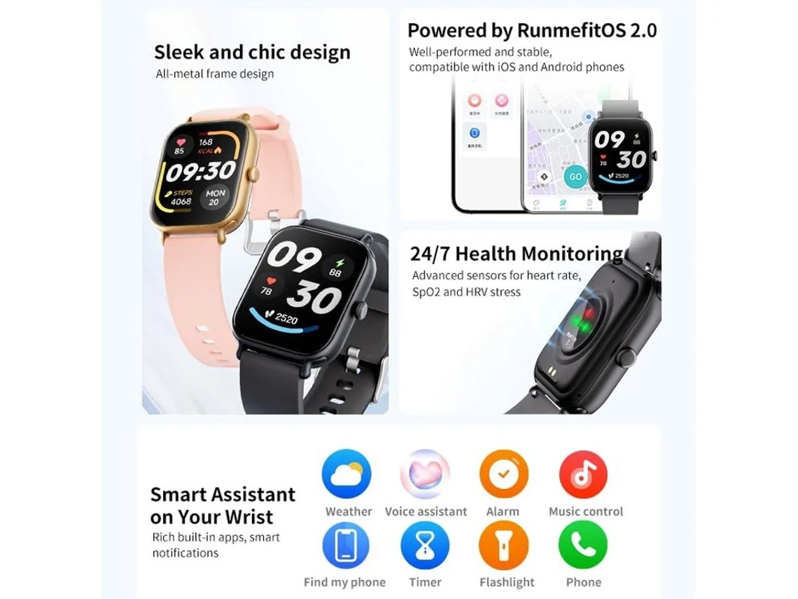Relógio inteligente Bestvite com tela de 1,95 polegadas, chamadas Bluetooth, monitoramento de saúde e condicionamento físico, à prova d'água IP68, preto