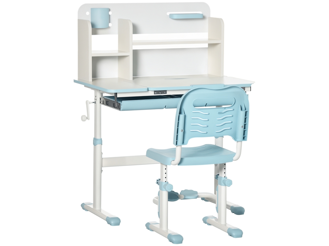 Conjunto de Mesa e Cadeira Infantil ajustável, Mesa Inclinável a 60°, Gaveta e Prateleiras, Azul CHEZMOI
