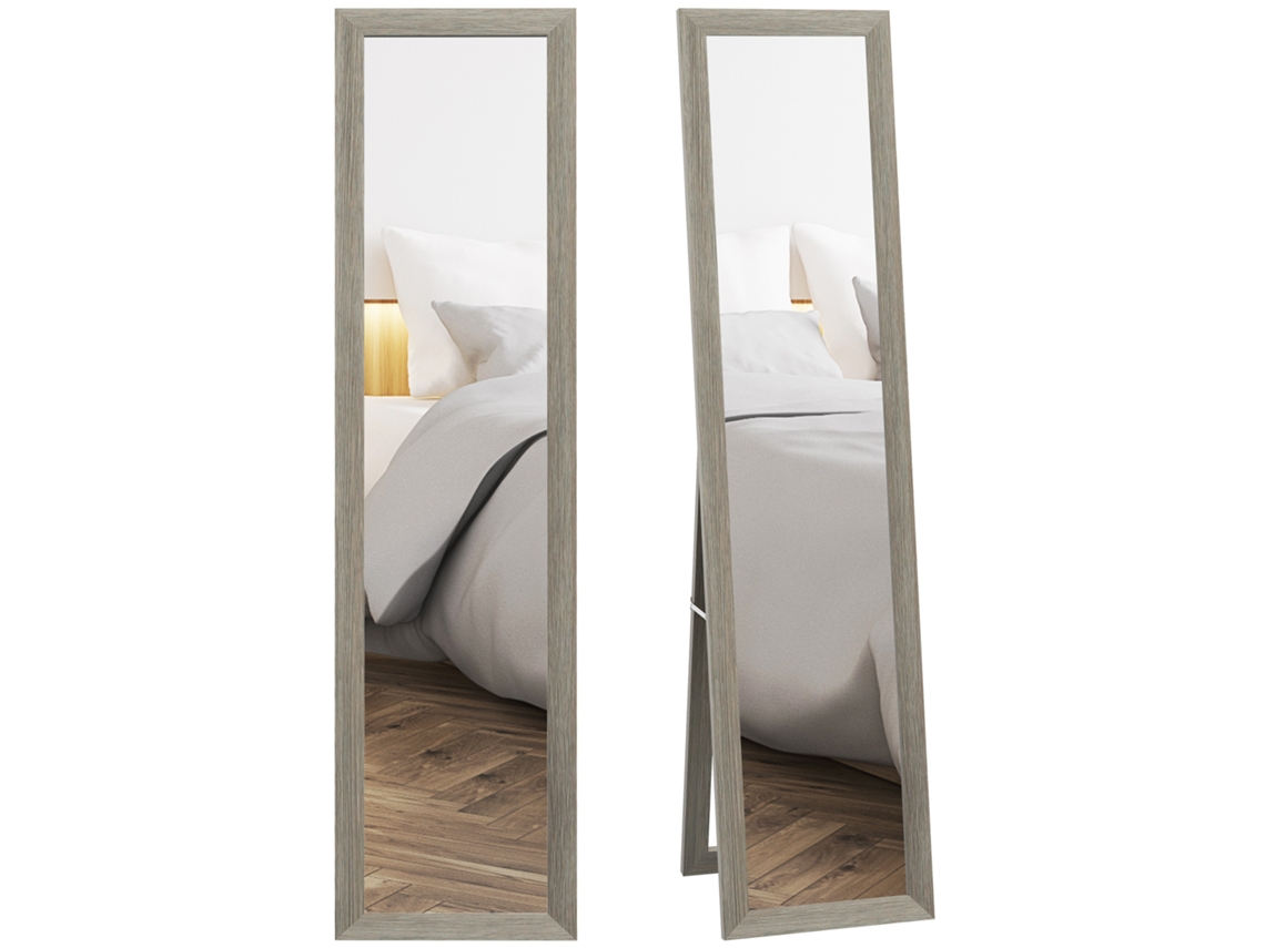 Espelho Chão Moderno Corpo Inteiro Moldura Suporte Madeira Vidro 155cm Cinza VELTRIX