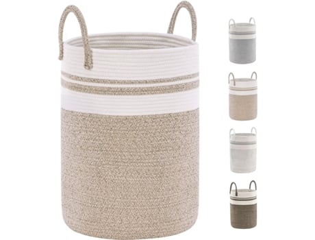 Cotton Rope Blanket Laundry Basket Woven Storage Basket With Handle Toy Storage Basket 58l (38cm(d)x50cm(h), White,brown)